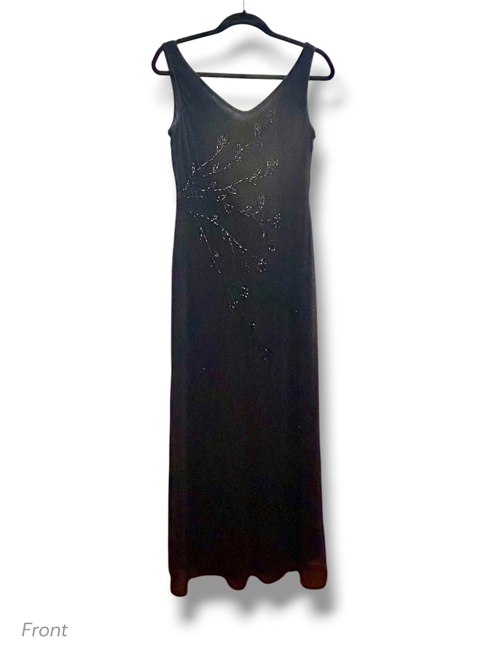 Vintage 90s Sténay Black Floor Length Sleeveless Formal Maxi Dress w Beading 10